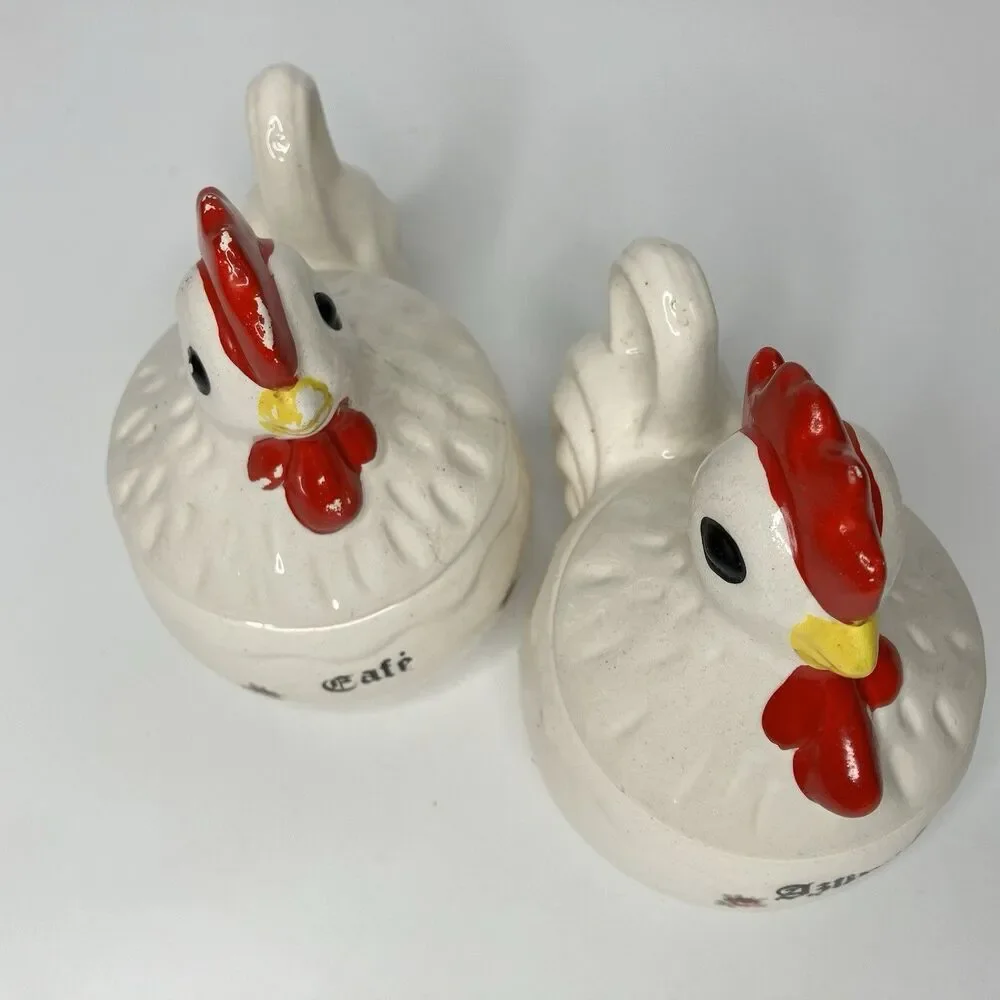 Vtg Rooster & Chicken Hen Coffee & Sugar Bowls Spanish Folk Art White Farmhouse